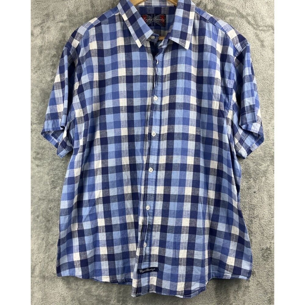 3/$20 English Laundry Size XL Men's Short Sleeve Blue Plaid Shirt Linen Cotton